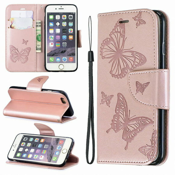 Rose Gold RuiJinHao iPhone6 & iPhone6S Flip Case Leather Cover Extra-Durable Business Kickstand Card Holders Mobile Phone case Sling Pure Color Button Separable Card Slot 